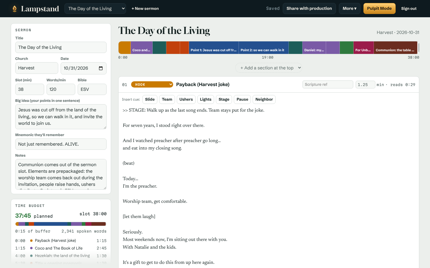 The Lampstand editor with a color-coded sermon map across the top and a time budget in the sidebar